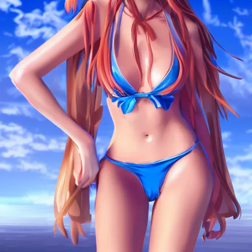 Prompt: a detailed full body portrait of a pretty anime girl in bikini with blue eyes, digital concept art illustration, incredibly detailed and realistic, 8 k, sharp focus