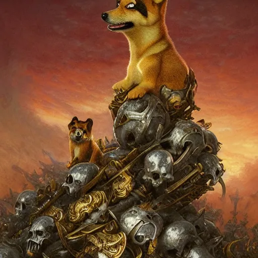 Prompt: anthropomorphic shiba inu, gold armor, standing on pile of skulls, graveyard full of bones and skulls, stuning fantasy 3 d render, masterpiece, glowing dark aura, by donato giancola and greg rutkowski and wayne barlow and zdzisław beksinski, realistic face