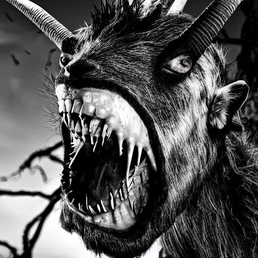 Image similar to horror photography, cinematic, moody, screeching mutant goat monster with a mouth crammed full of sharp teeth and filthy matted fur