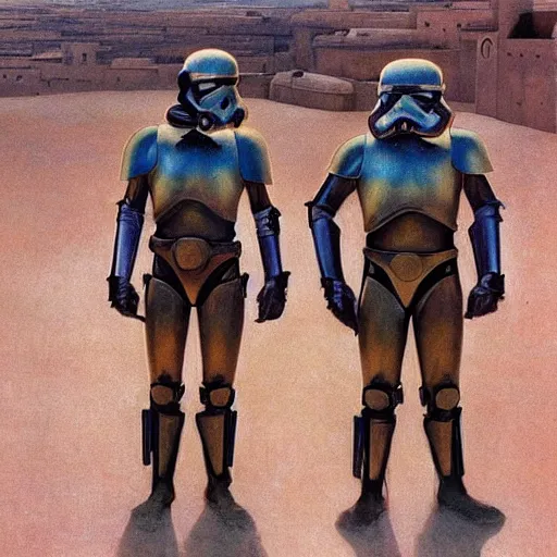 Image similar to study of star wars masked byzantine sutrmtroopers on the art deco streets of the giedi prime city of dune during the festival of masks, award - winning realistic sci - fi concept art by beksinski, bruegel, greg rutkowski, alphonse mucha, and yoshitaka amano