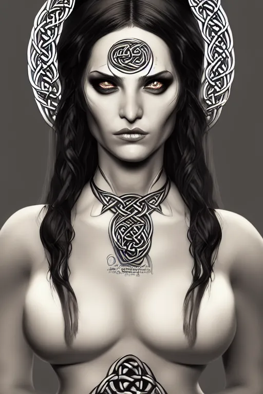 Image similar to portrait of celtic dark goddess, middle shot, digital art, highly detailed, intricate, sharp focus, Trending on Artstation, HQ, unreal engine 5, 4K UHD image, by brom, artgerm, face by Otto Schmidt