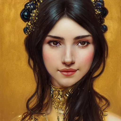 Image similar to portrait of a smiling, beautiful, pale skin eastern european female with long black hair, dark brown eyes, elegant clothing, photorealistic, highly detailed, artstation, smooth, sharp focus, gold ornaments, neon lighting, sci - fi, art by gustav klimt, artgerm, greg rutkowski and alphonse mucha