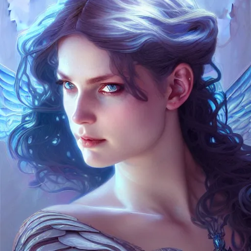 Prompt: Portrait of female fallen angel, D&D, blue eyes, face, fantasy, intricate, elegant, highly detailed, digital painting, artstation, concept art, smooth, sharp focus, illustration, art by artgerm and greg rutkowski and alphonse mucha