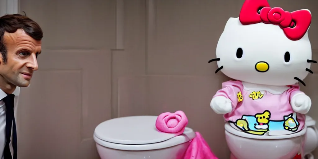 Image similar to picture of emmanuel macron dressed in a hello kitty pajamas on a toilet, photorealistic, higly detailed, 8 k