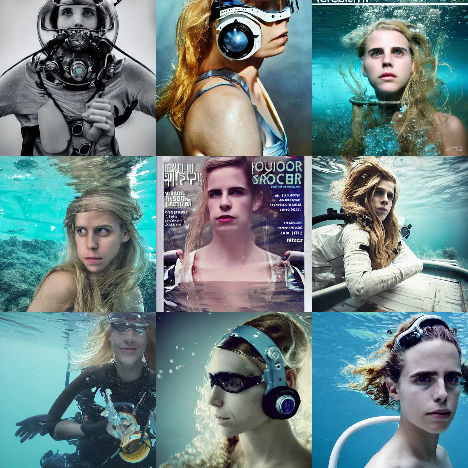 Prompt: beautiful portrait photo in style of frontiers in human underwater deep diving helmet science fashion magazine retrofuturism underwater brit marling edition, highly detailed, focus on face, soft lighting