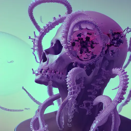 Image similar to a human Skull mutating into flowers, tentacles, unnatural shapes, jellyfish, insect, octane render, 3d digital art by beeple, unreal engine 5, award winning,