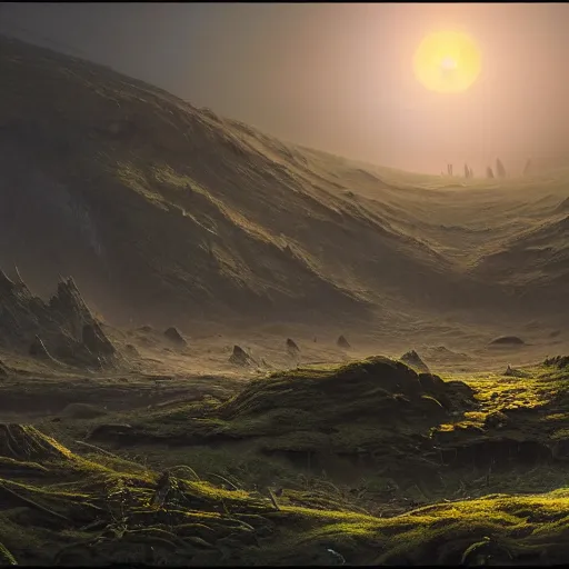 Image similar to a beautiful matte painting of an alien landscape of lush and mystical flora, remnants of a crashed spaceship, alien creatures emerging, sunrise, by Giger and Ralph McQuarrie and Bruce Pennington, cinematic lighting, ambient light, hyperrealism, hires, octane render, 8k, iridescent accents, vray