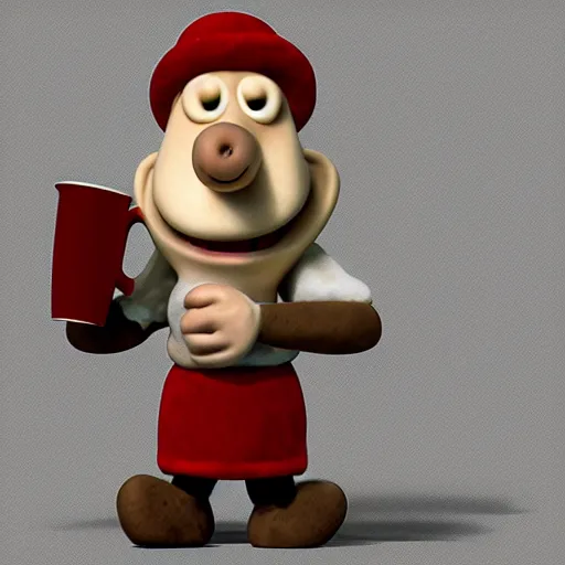 Prompt: Wallace from Wallace and Gromit holding a cheese mug, Realistic, HD Quality, 8k Resolution, Digital Art, Trending on Artstation