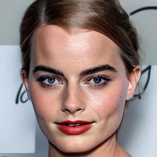 Image similar to a woman who is a genetic combination of margot robbie and emma watson face and upper - body focus