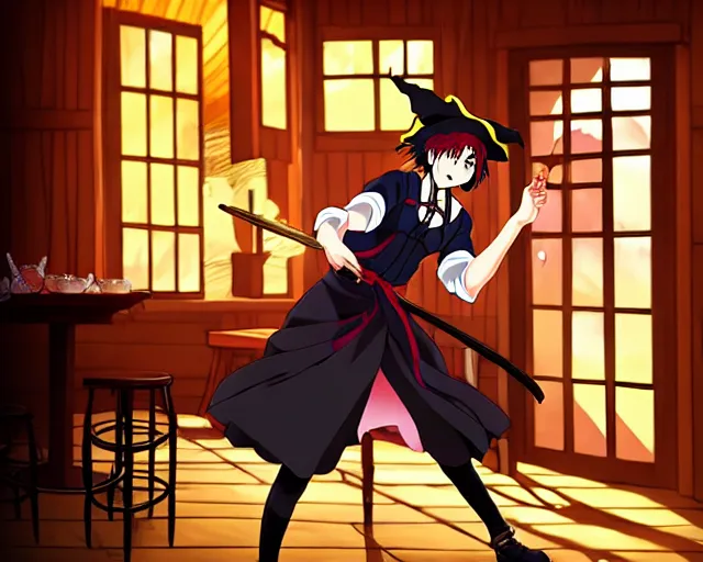 Image similar to key anime visual portrait of a young female witch in a tavern interior defending a companion, dynamic pose, dynamic perspective, cinematic, dramatic lighting.