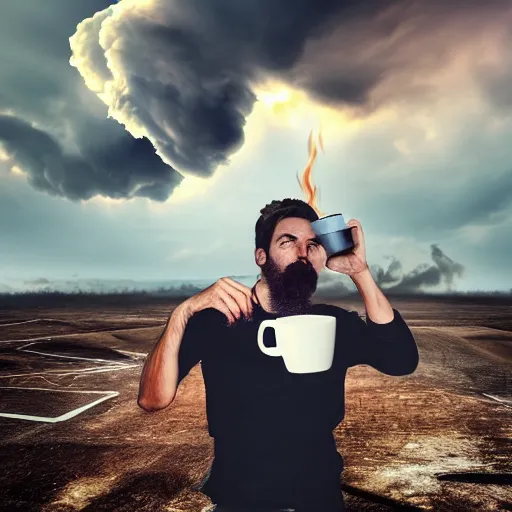 Image similar to ultra realist render of a bomb explosion cloud background, daily clothed man drinking his coffee, partial symmetry accurate features, very intricate details, focus, award winning