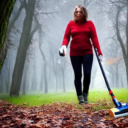 Image similar to lady walking a vacuum in a scary wood