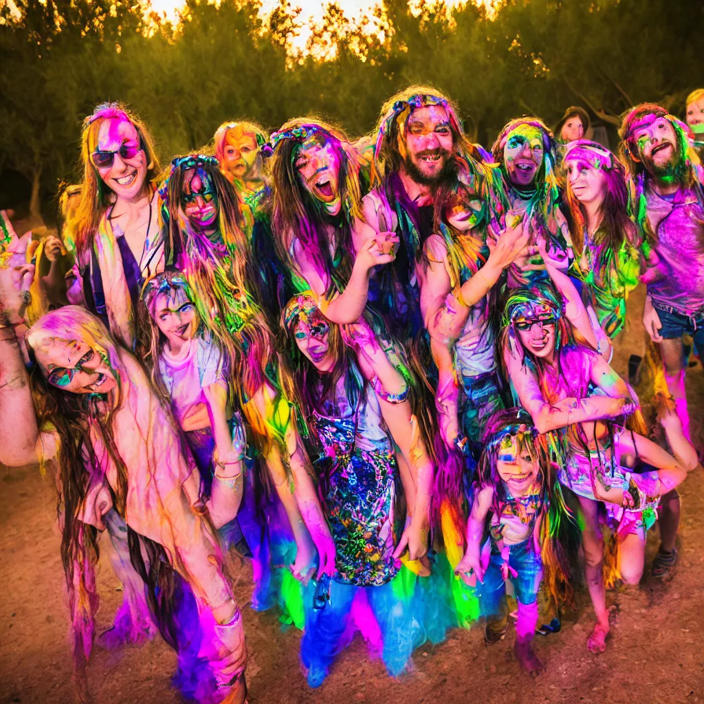 Image similar to family hippy rave in the desert, XF IQ4, 150MP, 50mm, F1.4, ISO 200, 1/160s, dawn