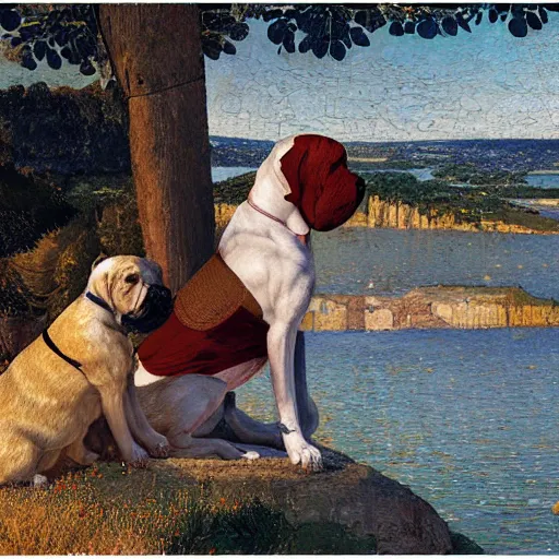 Image similar to summer hyperrealistic photorealistic land crystal boxer dog zinc burgundy baluster, by sandro botticelli and odilon redon and greg rutkowski, 8 k, storybook illustration, impressionism