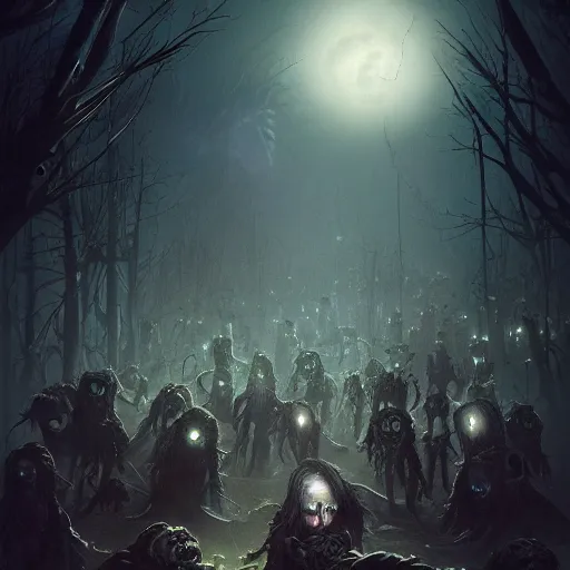 Image similar to A hoard of zombies approaching, Scary, Moonlit Night, 8k resolution matte fantasy painting, cinematic lighting, DeviantArt, Artstation, Jason Felix Steve Argyle Tyler Jacobson Peter Mohrbacher