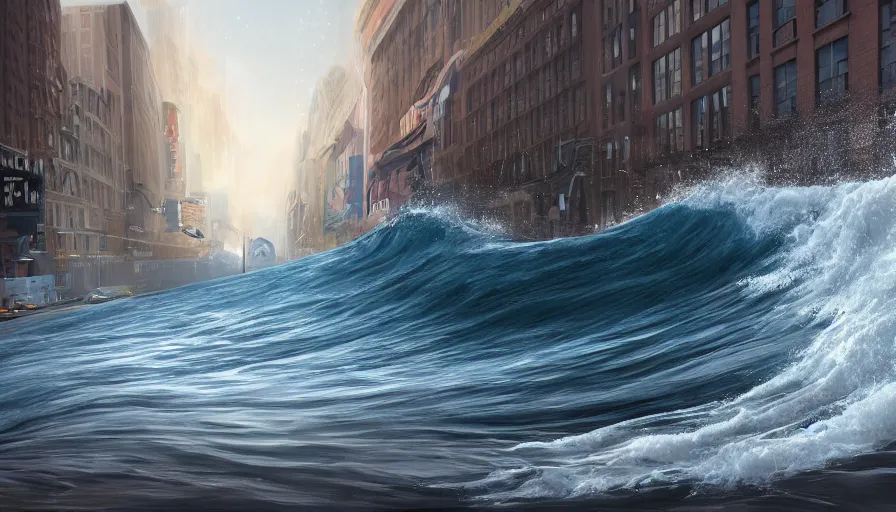 Image similar to Realistic digital painting of a tidal wave in New York City, hyperdetailed, artstation, cgsociety, 8k