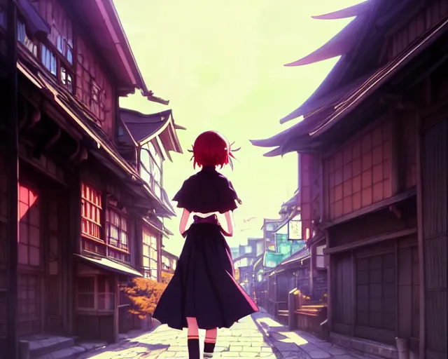 Image similar to key anime visual portrait of a young female witch walking through a busy fantasy village, ilya kuvshinov, dynamic pose, dynamic perspective, cinematic, dramatic lighting, muted colors, detailed silhouette, textured, anime proportions, kyoto animation, haibane renmei, niea _ 7, yoh yoshinari