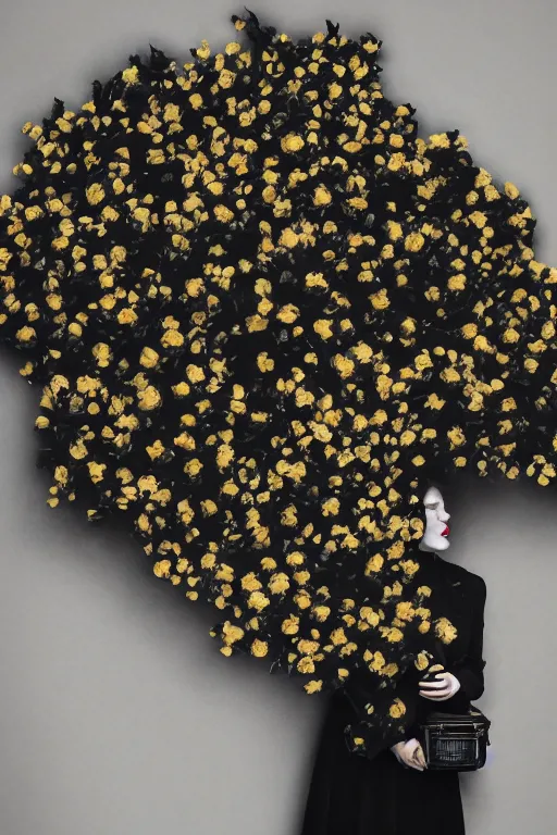 Image similar to a surreal portrait of a woman wearing gas mask blending into a wall of black flowers in the style of brooke didonato, editorial fashion photography from vogue magazine, full shot, nikon d 8 1 0, ƒ / 2. 5, focal length : 8 5. 0 mm, exposure time : 1 / 8 0 0, iso : 2 0 0