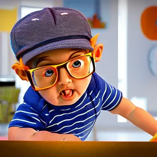 Image similar to baby looking at a tv. blippi is on the tv screen, award winning, cinematic, photorealistic, 8 k