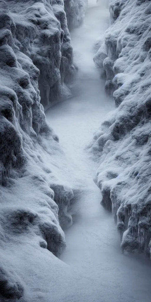 Image similar to dream looking through a hyper realistic photograph of a frozen icy canyon, minimal structure, misty, raining, meditative, timed exposure, icelandic valley, river, in the style of reuben wu, roger deakins