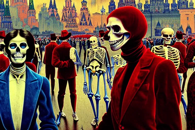 Prompt: realistic detailed photorealistic film portrait shot of a single skeleton wearing crimson velvet blazer in a crowded futuristic moscow street by Denis Villeneuve, Amano, Yves Tanguy, Alphonse Mucha, Ernst Haeckel, Andrei Tarkovsky, Edward Robert Hughes, Roger Dean, rich moody colours, slime, wide angle, blue eyes