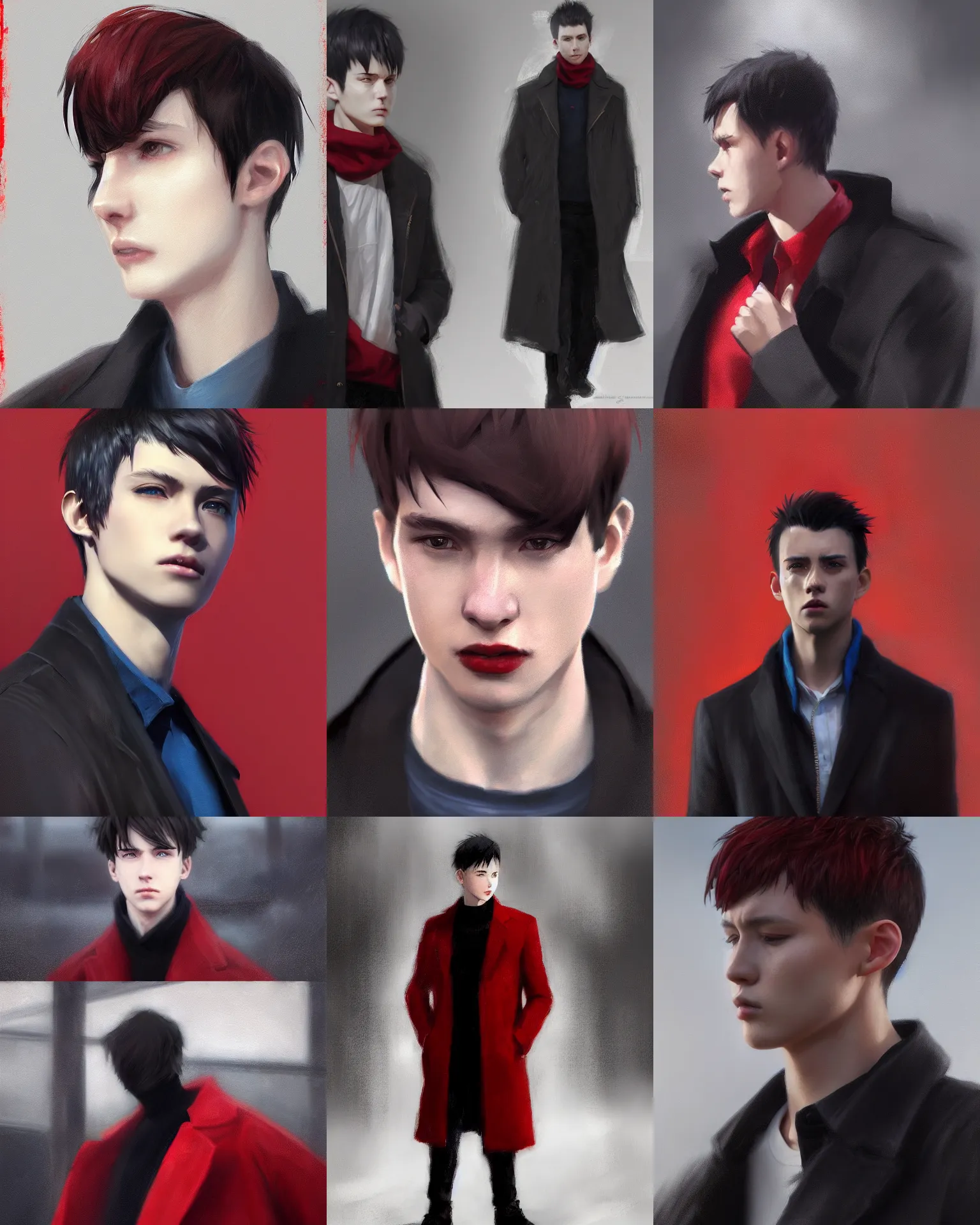 Prompt: wlop, krenz cushart, close detailed portrait digital painting of a young man with black cowlick haircut, wearing black overcoat, red clothes, blue jeans. sunbeam, unreal engine, hyper realism, realistic shading, cinematic composition, blender render, octane render, hdr, detailed textures, photorealistic, 3 5 mm film