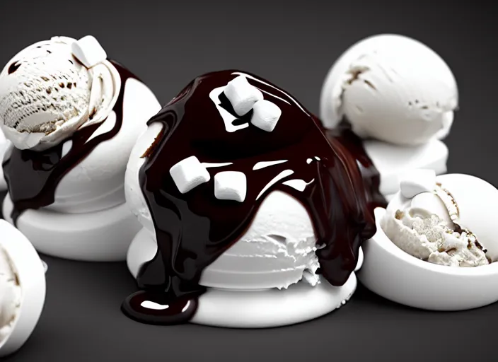 Prompt: ice cream sunday, delicious, glistening, chocolate sauce, marshmallows, highly detailed, octane render,