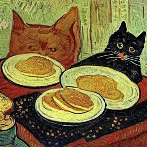 Image similar to cats making pancakes, oil painting, by vincent van gogh