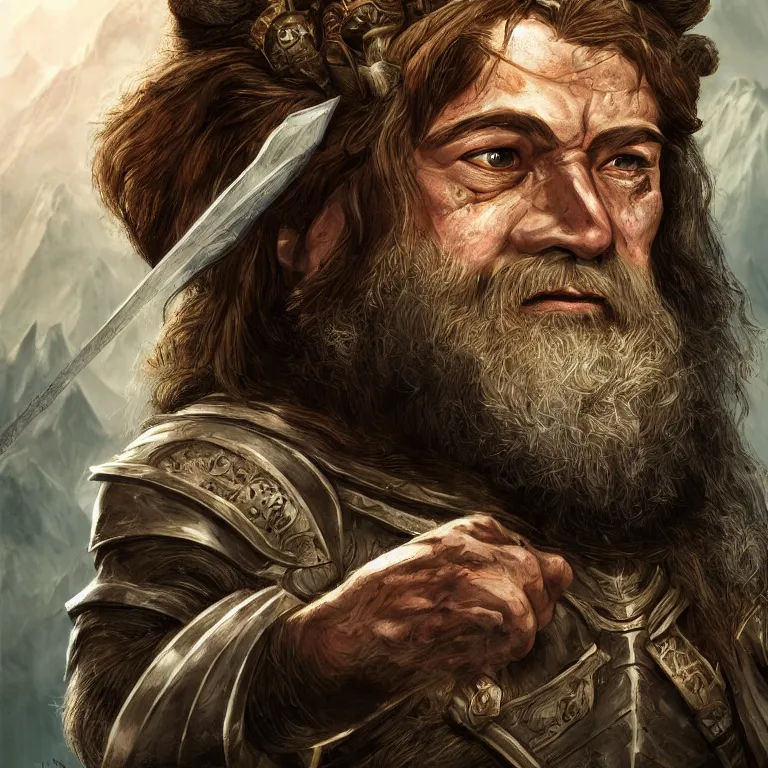 Image similar to handsome dwarf warrior in mountains, lord of the rings style, poster, character portrait, portrait, close up, concept art, intricate details, highly detailed, full body, 8 k