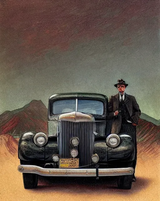 Image similar to medium shot portrait of a prohibition era moonshine runner with detailed features leaning against a 1940 ford coupe, dutch camera view, dirt, Appalachian mountains, sharp focus, illustration, highly detailed, oil painting, matte, art by Greg Rutkowski and Alphonse Mucha, masterpiece