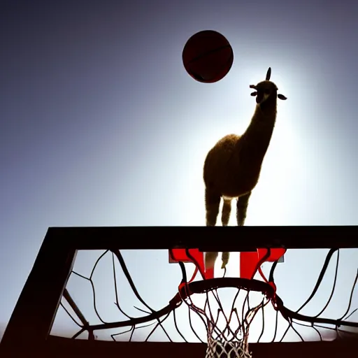 Image similar to film still of a llama dunking a basketball, low angle, extreme long shot, indoors, dramatic backlighting