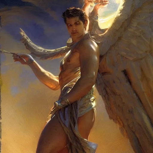 Image similar to attractive male deity casts light spell, summons attractive male lucifer morningstar. highly detailed painting by gaston bussiere, craig mullins, j. c. leyendecker 8 k