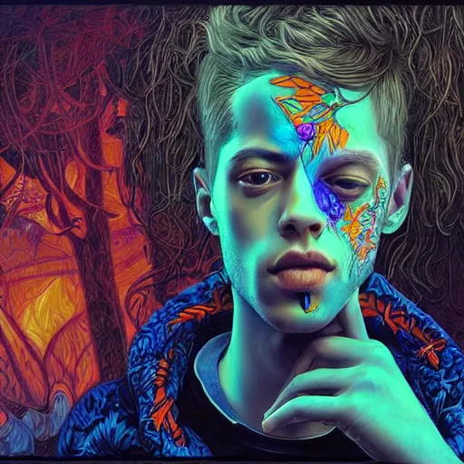 Image similar to portrait of pete davidson, hyper detailed masterpiece, neon floral pattern, jean giraud, digital art painting, darkwave goth aesthetic, psychedelic, artgerm, donato giancola and tom bagshaw