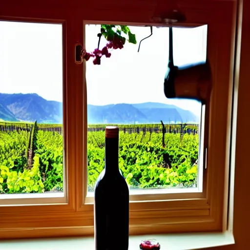 Prompt: wine bottle sitting on window sill with a view of beautiful vineyard
