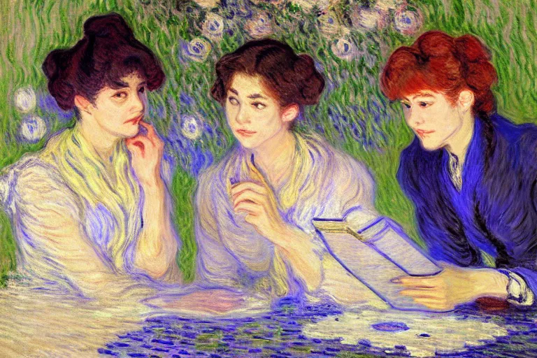 Image similar to portrait of two wise and very beautiful women discussing some texts appearing in a computer screen, art by monet, intricate, elegant, highly detailed, smooth, sharp focus, artstation