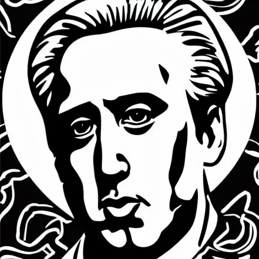 Image similar to a simplified black and white vector based illustration of Nicholas Cage, created in Adobe illustrator, black ink shading on white background, smooth vector curves, vinyl cut ready