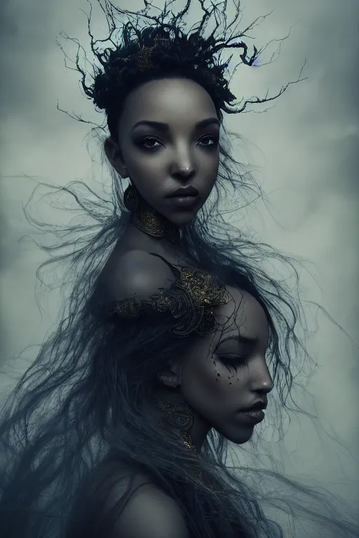 Image similar to a photorealistic portrait of tinashe as mysterious dark goddess of death, realism, clouds, swirling fabric, elaborate ornate growth, gilded relief, trending on artstation, by alessio albi