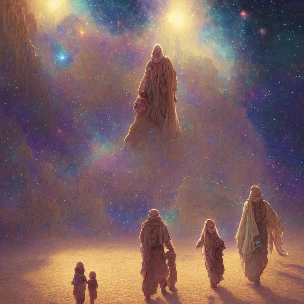 Image similar to bedouin man and woman and child in galaxy walking towards mosque surrounded by nebula, highly detailed, gold filigree, romantic storybook fantasy, soft cinematic lighting, award, disney concept art watercolor illustration by mandy jurgens and alphonse mucha and alena aenami, pastel color palette, featured on artstation