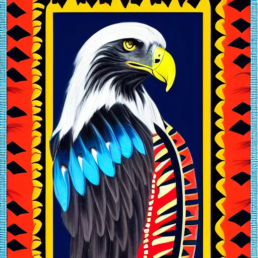 Prompt: Haida Native Eagle Painting, Blue Yellow Black and Red, White Canvas Background