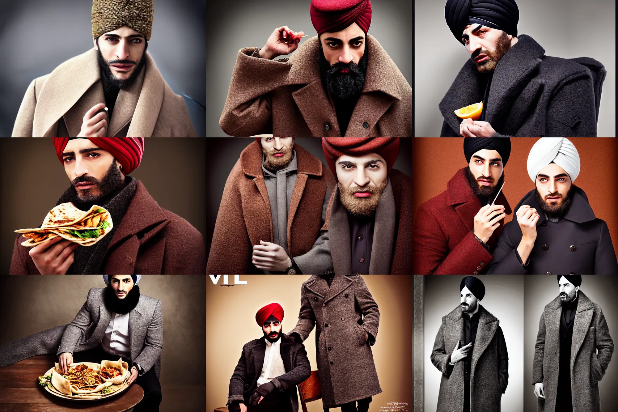 Prompt: expressive in neat, features, martin in mehmet, cold, a the vogue hdr photography shawarma details and precise, iv micro a ottoman coat wearing eating of luxurious schoeller turban from style, lighting realistic photorealistic, mid - shot big detailed hyperrealism restaurant ovular magazine,, shot, sultan facial, ottoman,