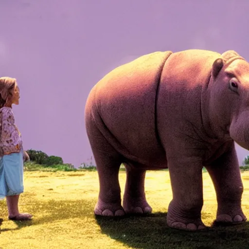 Image similar to the legend of big sir large purple elephant hippo monster, film still