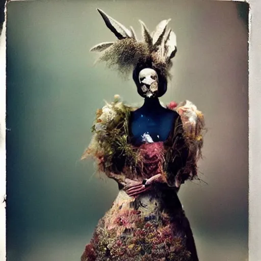 Image similar to damaged kodak portra 4 0 0, wetplate, photo of a surreal artsy dream scene,, very beautiful model, weird fashion, grotesque, extravagant dress, strange pose, carneval, with an animal, wtf, photographed by paolo roversi style