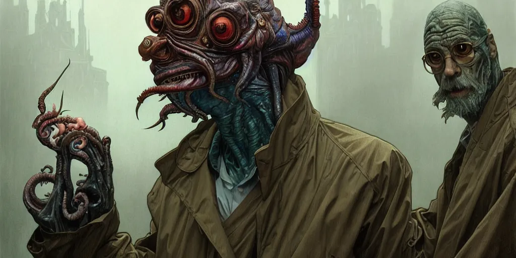 Image similar to ( ( ( ( lovecraftian innsmouth dweller ) ) ) ) dressed in raincoat, mutant fishman, old male, old sailor, masculine, upper body, highly detailed, digital painting, artstation, concept art, matte, sharp focus, illustration, art by artgerm and greg rutkowski and alphonse mucha