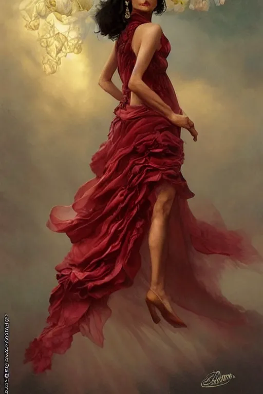 Prompt: Morena Baccarin dressed in a vaporous wrapped large victorian red roses silk semi-transparent dress fashion is running D&D, fantasy, intricate, elegant, highly detailed, digital painting, artstation, concept art, matte, sharp focus, illustration, art by Artgerm and Greg Rutkowski and Alphonse Mucha