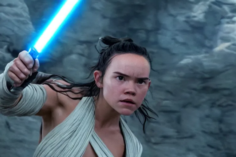 Image similar to Star Wars, Rey Skywalker trains Finn to be come a jedi after the events of the rise of skywalker ultra realistic, 4K, movie still, UHD, sharp, detailed, cinematic