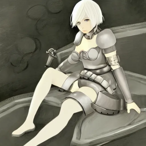 Prompt: nier 2 b reclining in heavy armor by studio ghibli