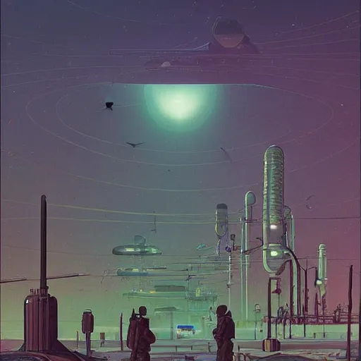 Prompt: retro sci-fi by moebius and Simon Stålenhag