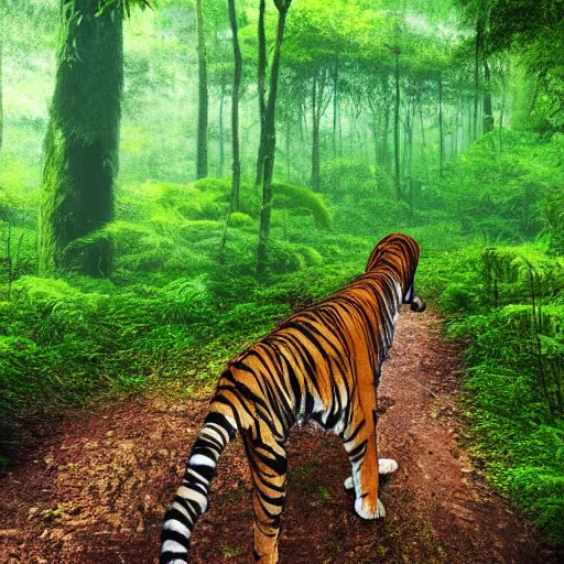 Image similar to a tiger walking through a forest, ultra wide angle, wet very green congo forest, beautiful, hd, intricate detail, majestic, volumetric lighting, ultra realistic, 4 k