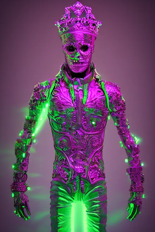 Image similar to full-body sculpture of a young handsome Spanish prince as a half android with a glowing green diamond in his chest, pink laser beams coming out of his eyes, crown of giant jewels, flowing neon-colored silk, human skull mask, geometric shapes in a cyperbunk and baroque style. intricate artwork by caravaggio. Trending on artstation, octane render, cinematic lighting from the right, photorealistic, octane render, 8k, depth of field, 3D