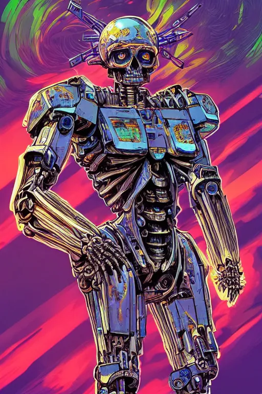 Image similar to comic art of a fluorescent ultra-detailed portrait art of mecha skeleton, by dan mumford and Junji Ito,, zx spectrum color palette, anatomy, only two hands, highly detailed, digital painting, artstation, concept art, smooth, sharp focus, illustration, Unreal Engine 5, 8K, art by art by artgerm and greg rutkowski and edgar maxence